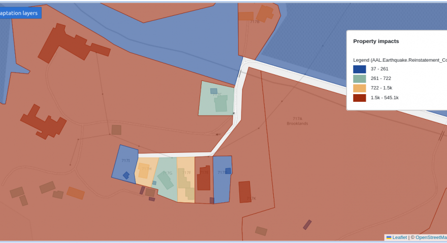 A screenshot of RiskScape displaying impacts of earthquakes calculated to individual buildings then summed to property parcels