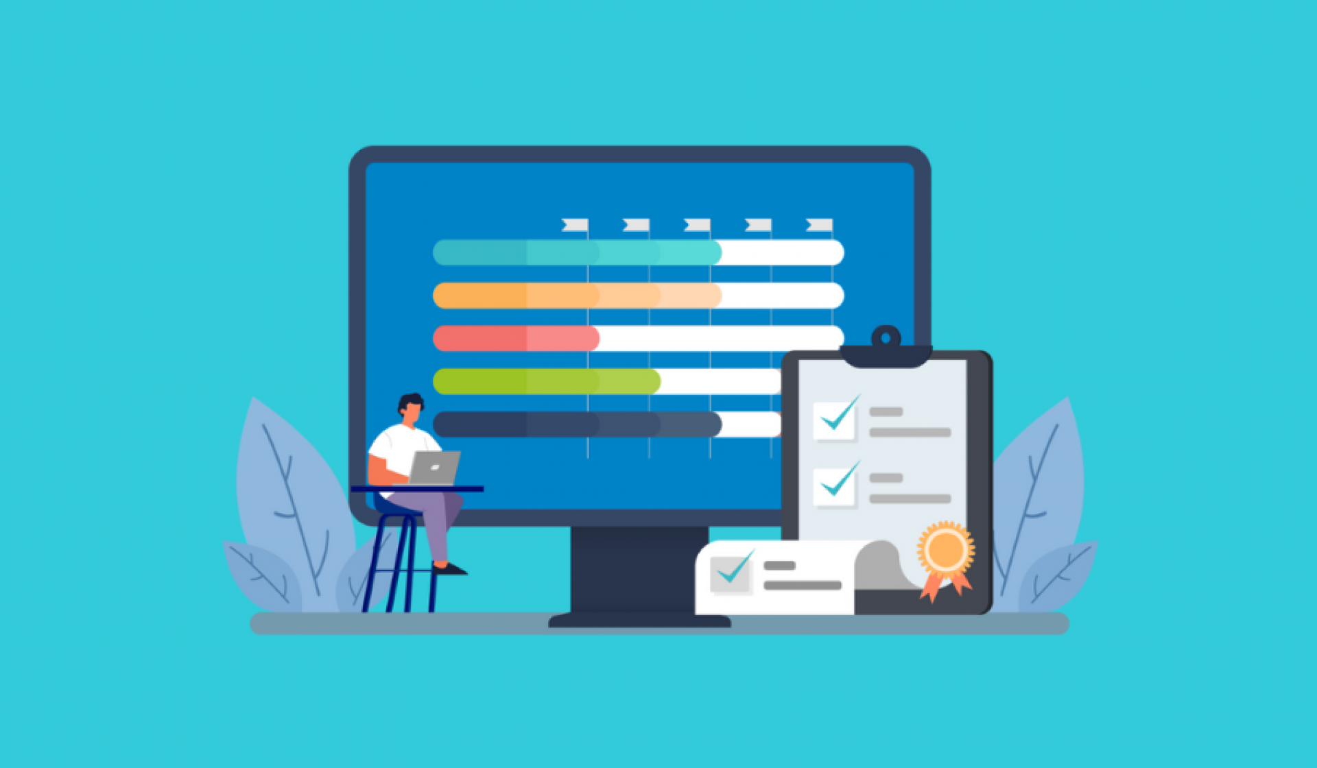 An illustration of a laptop and progress tracking 