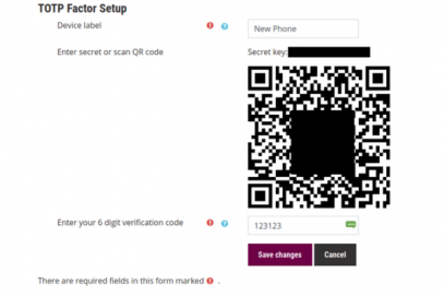 A screenshot of the TOTP Factor Setup screen where you can save a new device for 2FA. The screenshot shows a QR to scan where to enter the 6 digit verfication code and how to save changes