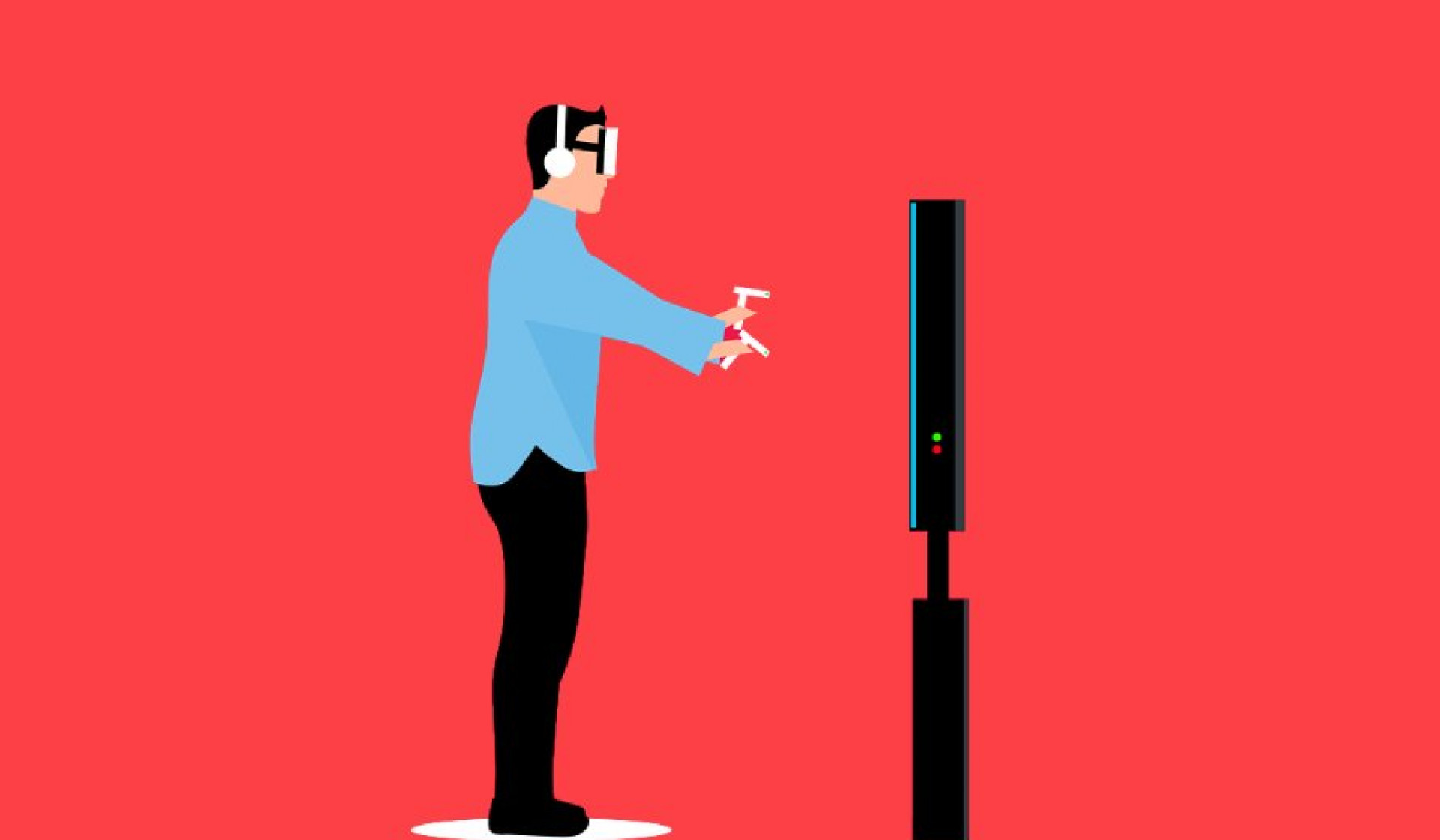 A cartoon illustration of a person wearing a blue shirt and black trousers wearing headphones and a virtual reality headset standing side on looking at a screen.