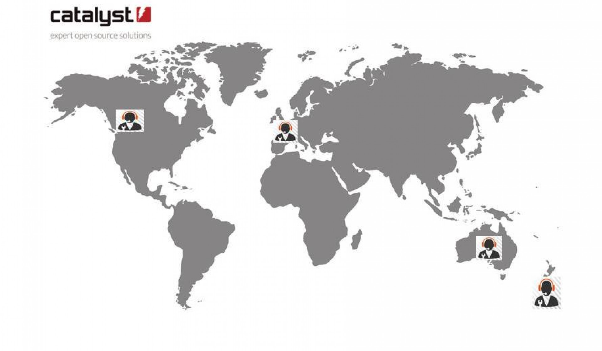 A world map with graphics indicating Catalyst offices in New Zealand Australia Europe and Canada