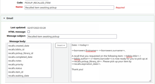 Recall reports available in the Circulation module