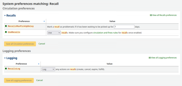 System preferences relating to recalls