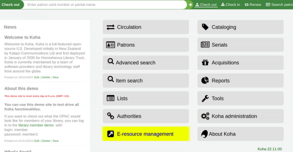 ‘E-Resource management’ module link highlighted yellow in the staff client home page