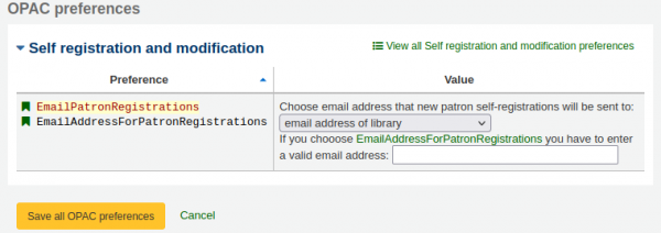 ‘EmailPatronRegistrations’ syspref highlighted with the ‘email address of library’ dropdown option selected. The ‘EmailAddressForPatronRegistrations’ input box remains empty.