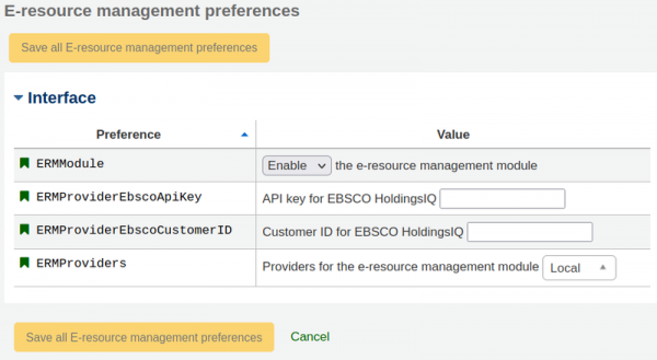 FourERM system preferences in the ‘E-resource management preferences’ page