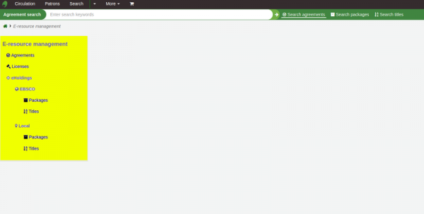Links for managing ‘Agreements’, ‘Licenses’ and ‘eHoldings’ highlighted yellow. Meanwhile the green searchbar at the top of the page enables searching for agreements, packages and titles.