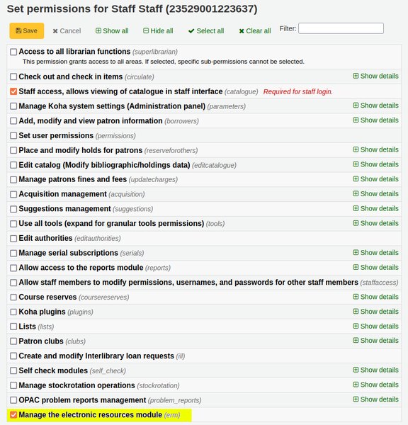 ‘Manage the electronic resources module (erm)’ permission selected for a patron