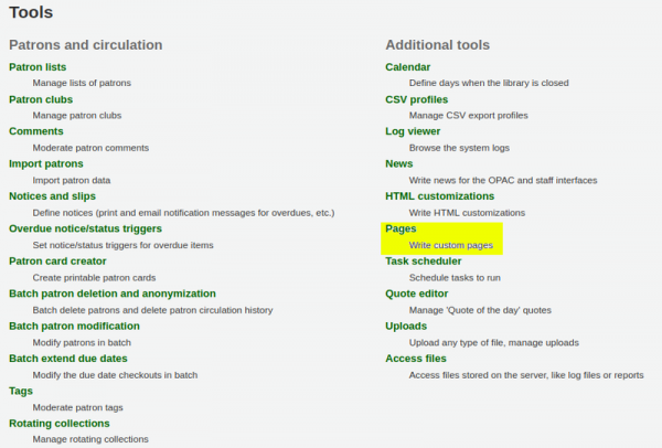 Pages’ link and description highlighted yellow under ‘Additional tools’ on the ‘Tools’ page.