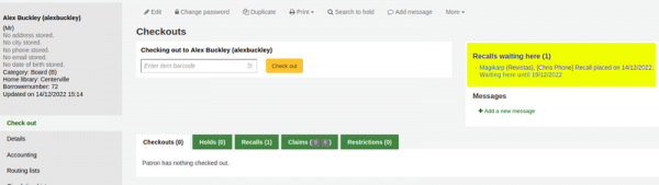 Recalls waiting here’ section of a patron account in the staff client highlighted yellow showing that the patron has 1 recalls awaiting pickup.