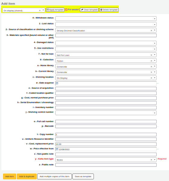 Template dropdown,’Apply template’ button and ‘For session’ checkbox highlighted yellow above a empty ‘Add item’ form.