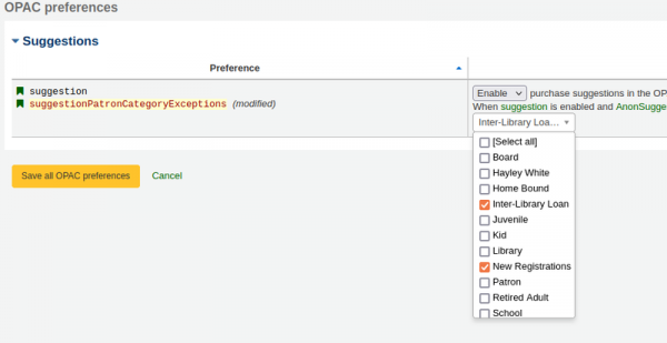 The ‘Inter-Library Loan’ and ‘New Registrations’ patron categories are selected for the highlighted ’suggestionPatronCategoryExceptions’ system preference.