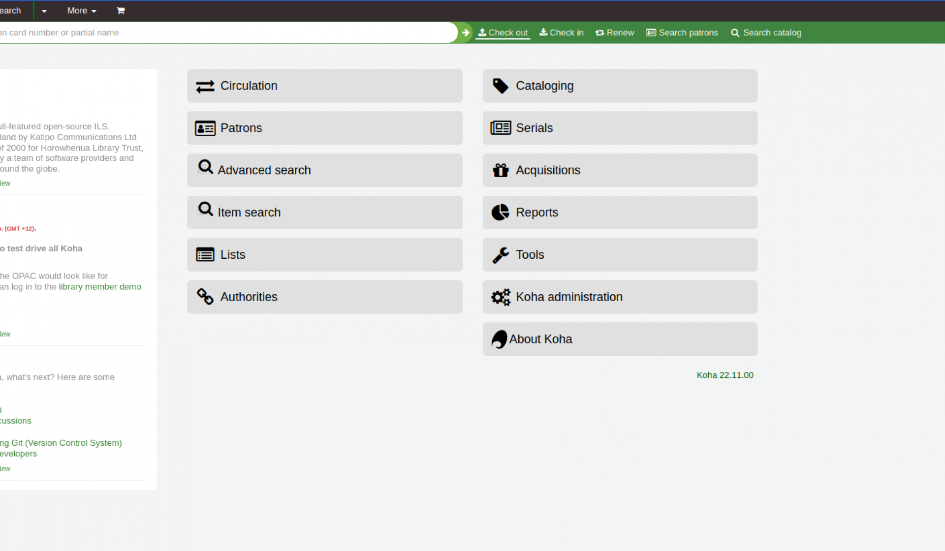 The new Koha staff client home page with a grey background and green highlights