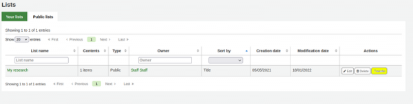 ‘Transfer’ button highlighted yellow for ‘My research’ public list
