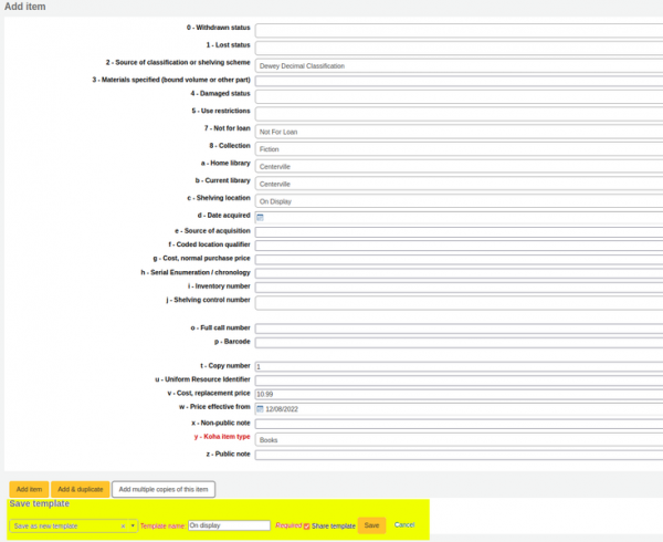 ave template heading and fields highlighted yellow below the ‘Add item’ form.