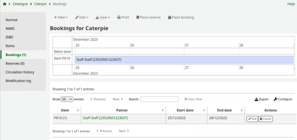 Booking tab selected on bibliographic detail page of the staff interface. This page contains a table showing existing bookings, and a table where each booking can be edited or deleted.