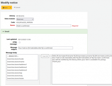 The ‘Email’ section of the HOLDPLACED_PATRON notice visible with content in the ‘Message subject’ and ‘Message body’ text areas.