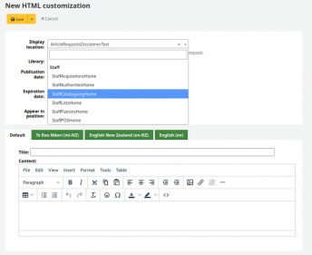 The ‘New HTML customisation’ page is loaded. The ‘StaffCataloguingHome’ option is selected from the ‘Display location’ dropdown.