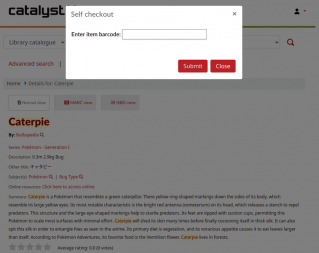 The ‘Self checkout’ popup is loaded, ready for an OPAC user to type in an item’s barcode and submit it to check it out to themselves.