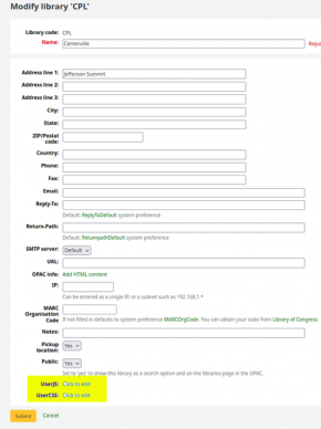 The new UserJS and UserCSS text areas are highlighted yellow in the Centerville library branch edit page.
