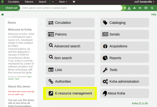 E-resource management module link highlighted yellow on the Koha staff client home page, after the ERMModule system preference is enabled.
