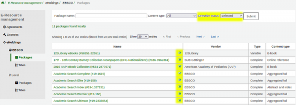 EBSCO eHoldings package search. With the ‘Selection status’ filter (highlighted yellow) set to ‘Selected’. Every package in the table of results has a tick (highlighted yellow) – showing the library is subscribed to the package via EBSCOadmin.