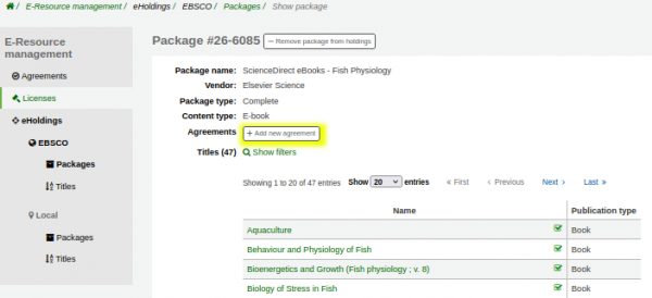 EBSCO package page with the ‘Add new agreement’ button highlighted yellow.