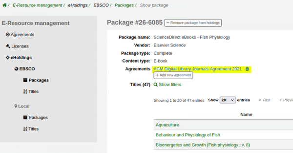 EBSCO package with the ‘ACM Digital Library Journals Agreement 2021’ agreement linked and highlighted yellow.