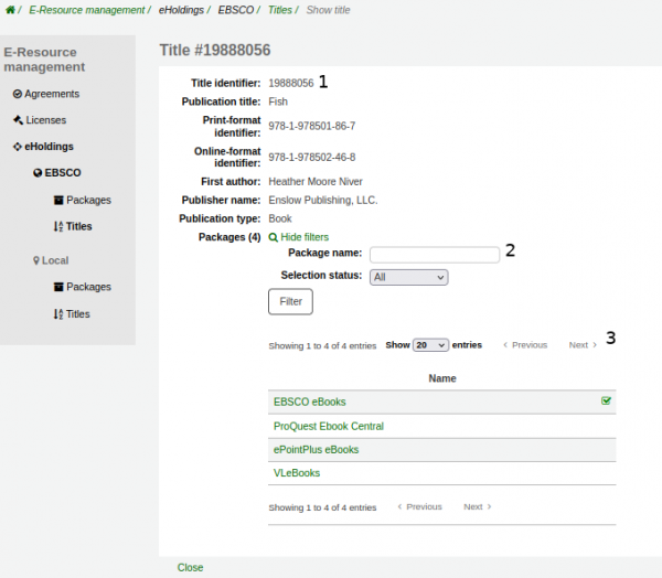 EBSCO title page showing metadata about the title – including the title identifier (numbered 1), package filters (numbered 2) and a table of packages the title is included in (numbered 3).