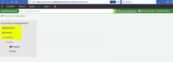 ERM module home page with the three components of the ERM module: agreements, licenses and eHoldings highlighted yellow in the left hand sidebar