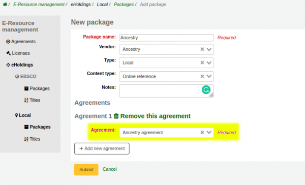 Form for creating a local package – the agreement dropdown is highlighted yellow with the ‘Ancestry agreement’ selected.