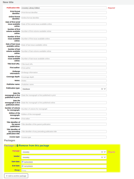 Form for creating a local title - the publication title field has ‘Ancestry Library Edition’. The Package area is highlighted yellow and has the ‘Ancestry’ local package selected.