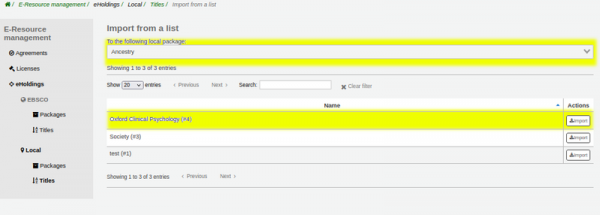 ‘Import from a list’ page showing the ‘Ancestry’ local package is selected and highlighted yellow, and the ‘Oxford Clinical Psychology (#4)’ list is also highlighted yellow.