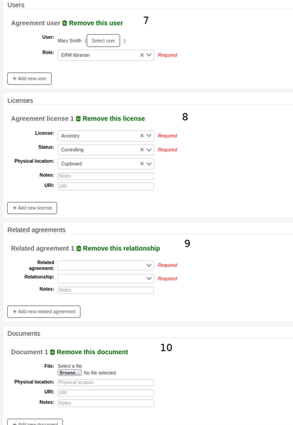 Middle of the form for creating a new agreement. Users, licenses, related agreements and documents sections are numbered.