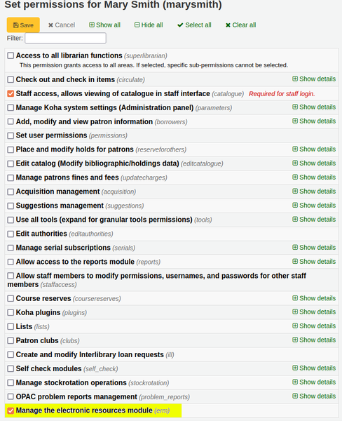 Permission page for Mary Smith’s Koha patron account with the ‘catalogue’ and ‘erm’ (highlighted yellow) permissions ticked.