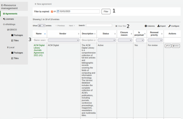 Table of agreements. The ‘Filter by expired’ filter is numbered 1, the table search box is numbered 2, the filter fields in the second row of the table are numbered 3.