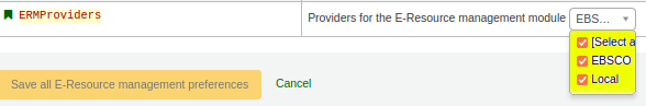 The ERMProviders system preference showing both EBSCO and Local checkboxes are selected (highlighted yellow).