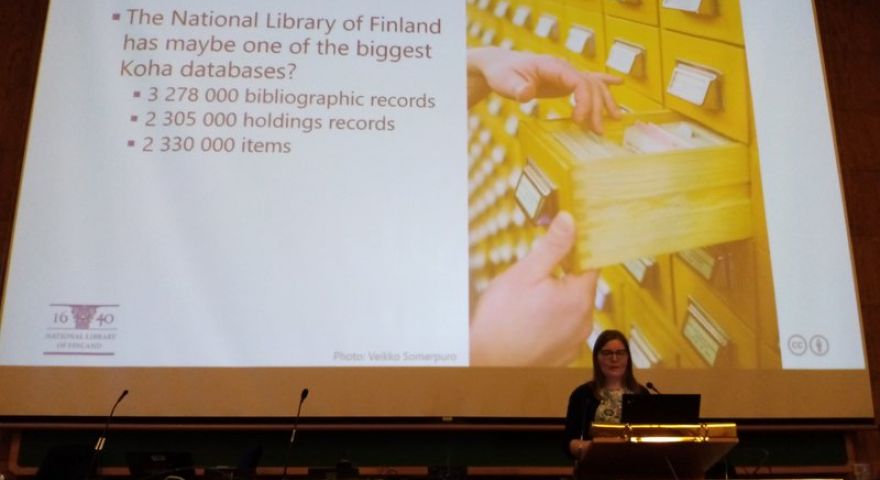 Inkeri Hakulinen from the National Library of Finland speaking on the huge Koha database that their Koha instance has.