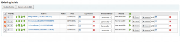 A record with four existing holds three of which have been selected to be cancelled in bulk