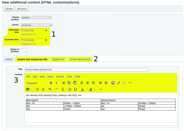 A screenshot of the additional content form showing publication and expiration date functionality sections to hold content in different languages and a WYSIWYG editor for ease of editing.