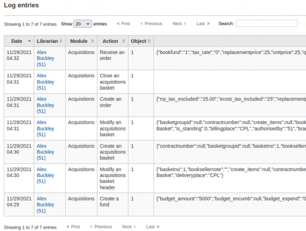 Some logs describing to acquisitions actions