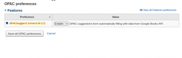 The OPACSuggestionAutoFill system preference is set to Enable