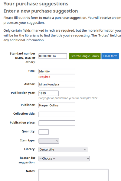 Image 12 The purchase suggestions page has 0060930314 set in the Standard number input and empty Title and Author fields