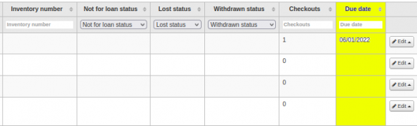 The yellow highlighted Due date column on the item search results page shows one of the item records is due on 06012022