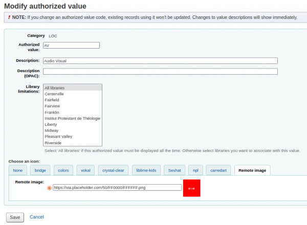 Modifying the Audio visual authorised value setting a link in the Remote image tab which loads a red icon on the right hand side of the link input field.