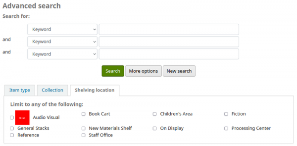 A red icon is displayed on the left hand side of the Audio visual shelving location on the OPAC advanced search page.