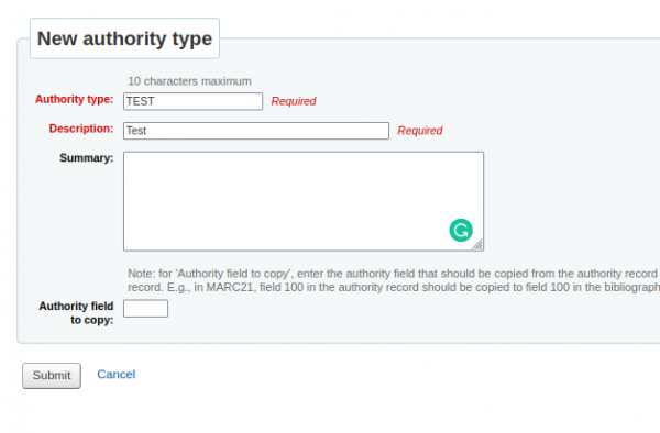 Creating a new authority type with the type code of TEST and description of Test