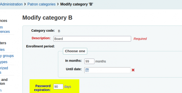 The patron category Board has a value of 90 days in the highlighted yellow Password expiration field.