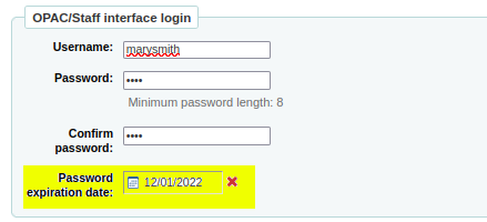 Setting a date of 12012022 in the highlighted yellow Password expiration date field for the patron marysmith