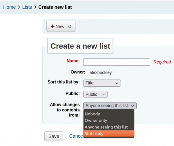 Creating a new public list the new Staff only option is highlighted for the Allow changes to contents from input